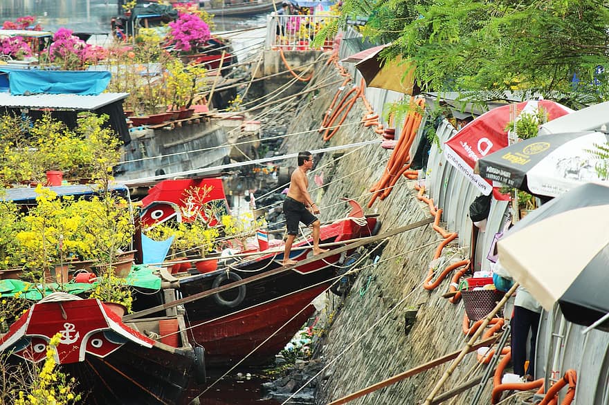 csónak, virágok, folyó, üzleti, Saigon