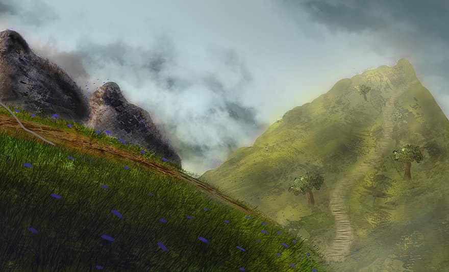 Mountian, primavera, sentiero, cielo, erba, pittura, salvaschermo, rocce, nebbia, nuvole, montagna