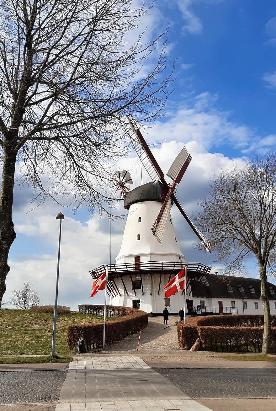 molí de vent, històric, Dinamarca, museu, Banderes daneses, cultures, arquitectura, lloc famós, història, escena rural, blau