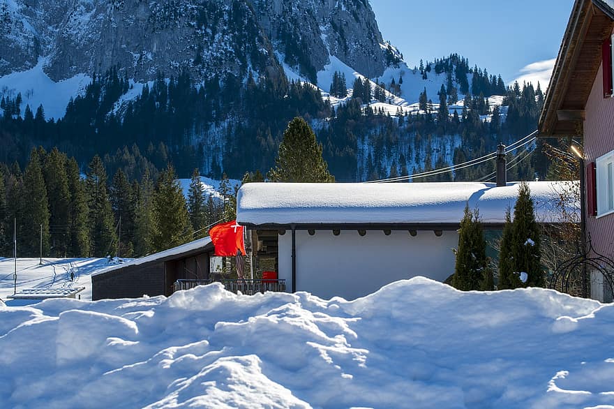 namas, kaimas, žiemą, sniegas, Alpės, Miestas, brunni, schwyz kantonas, Šveicarija, medžiai, kalnas