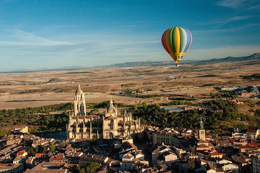 hőlégballon, repülő, Látvány, város, ég, felhők, kaland, tájkép, Kilátás, Segovia, híres hely