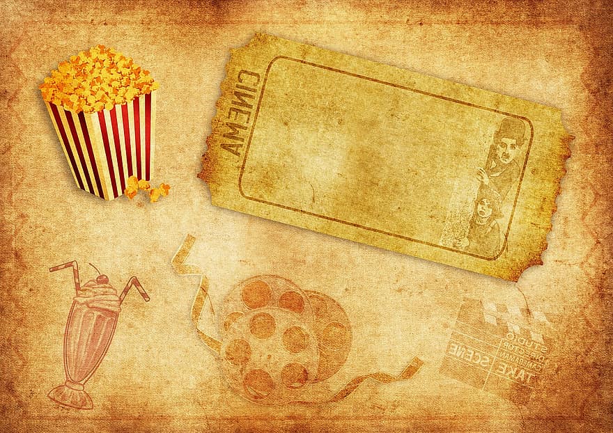 kino, Demoliční mapa, popcorn, filmové role, Charlie Chaplin, kupón, dar, lístek na kino, narozeniny, lístek, starý