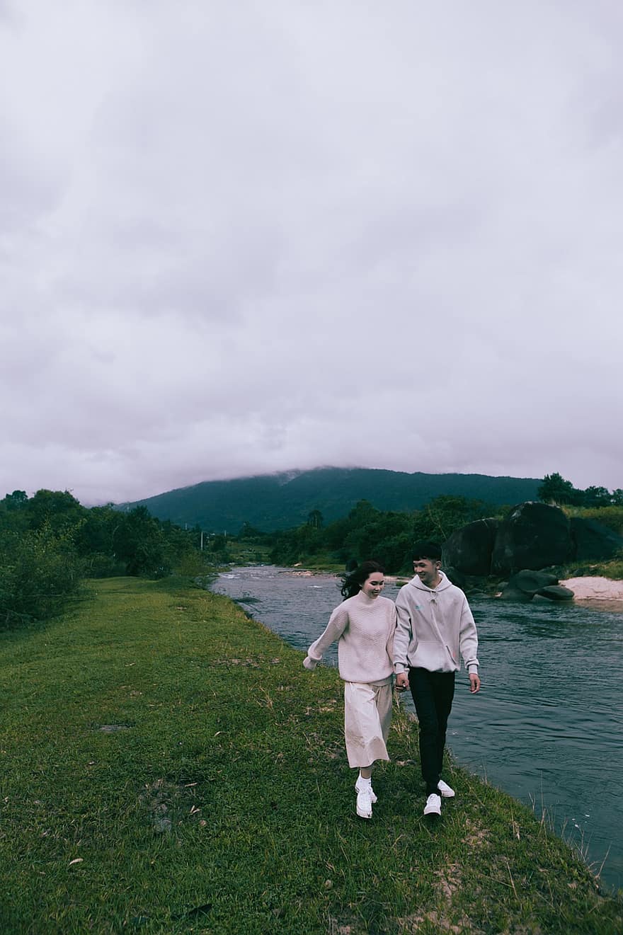 Couple, River, Holding Hands, Mountain, Walking, Man, Woman, Sky, Romantic, Love, men
