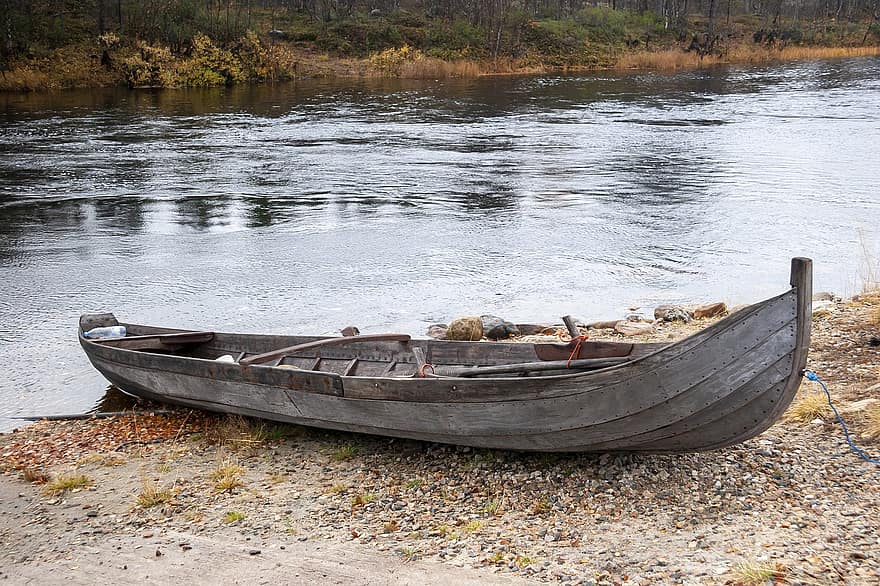 bateau, en bois, rivière, canot à rames, neige fondue, rame, vieux bateau, navire nautique, eau, bois, paysage