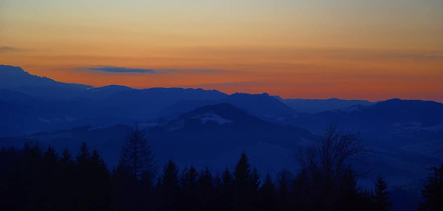 saullēkts, kalni, rītausma, ainavu, raksturs, kalns, saulrieta, mežs, krēsla, zils, koks
