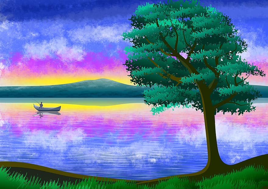 иллюстрация, пейзаж, фон, природа, небо, облака, озеро, март, воды, рыбак, лодка