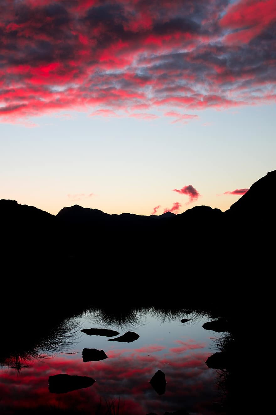 New Zealand, innsjø, solnedgang, skumring, sør øy