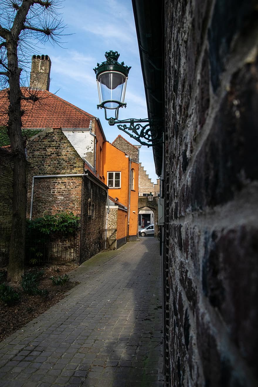 фонарь, Bruges, городок, стена, перспективы, весна