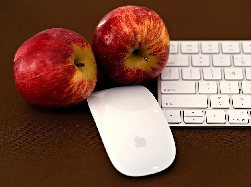 ябълка, ябълкови плодове, лого на ябълка, плодове, клавиатура, едър план, компютър, технология, компютърна клавиатура, свежест, храна