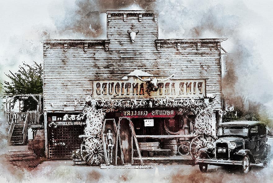 Hulett, Wyoming, Estados Unidos, negocio, casa de madera, galería, viejo contador de tiempo, licencia antigua, antiguo, ciudad occidental, manipulación digital