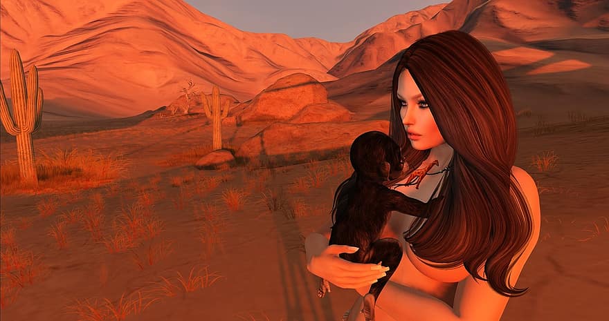 बंदर, महिला, रेगिस्तान, हवा की रोशनी
