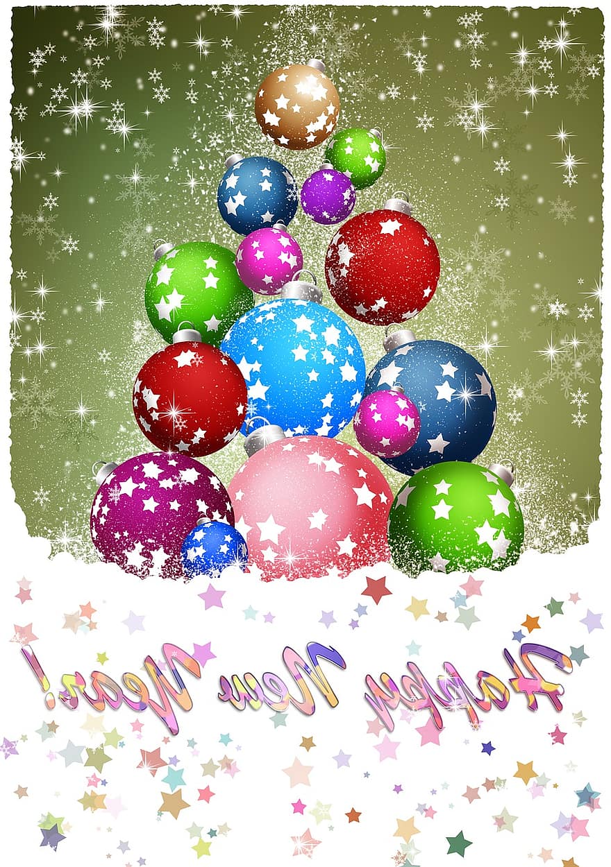 New Year, Christmas, Holiday, Postcard, Background, Balls, Decoration, Shiny, Congratulation, Drawing, Design