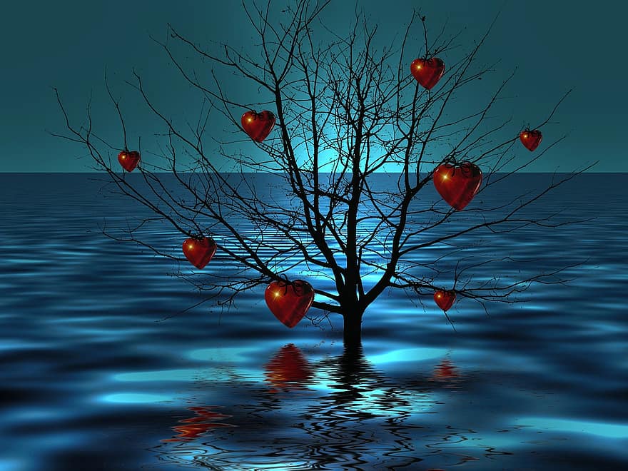 drzewo, kahl, jezioro, morze, serce, fala, miłość, samotność, ocean, atmosfera