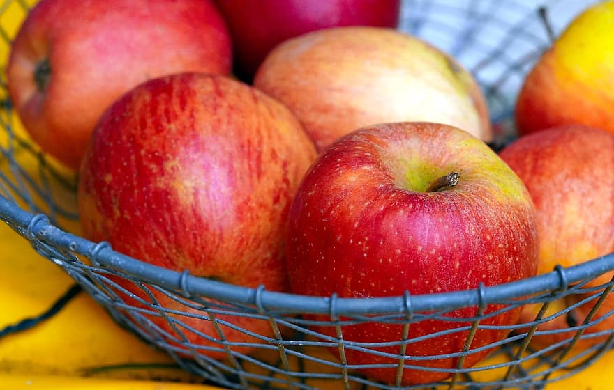 りんご、果物、フルーツ、鮮度、林檎、フード、バスケット、熟した、閉じる、オーガニック、健康的な食事