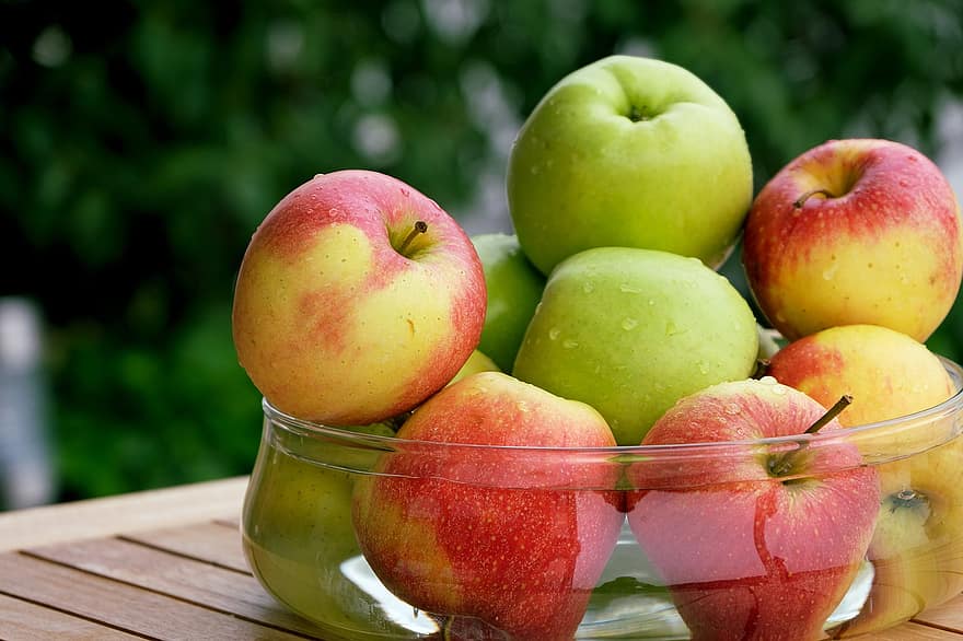 maçã, tigela, fresco, frutas, colheita, produtos, bio, maçã fresca, tigela de maçãs, mesa de madeira, Comida