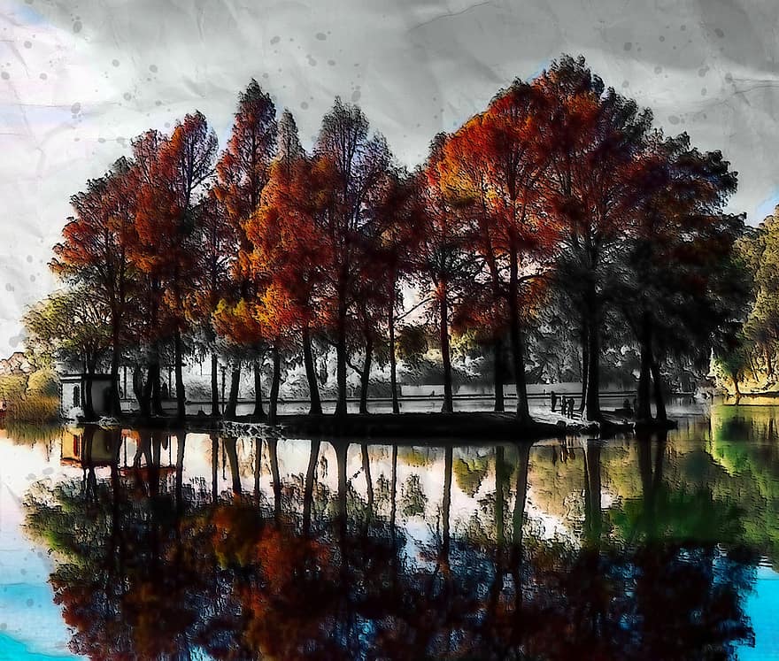 الصين الطبيعة في الهواء الطلق ، طبيعة ، شجرة ، ماء ، انعكاس ، الخريف ، واضح ، الصين ، رقمي ، صورة فوتوغرافية ، بمعالجة