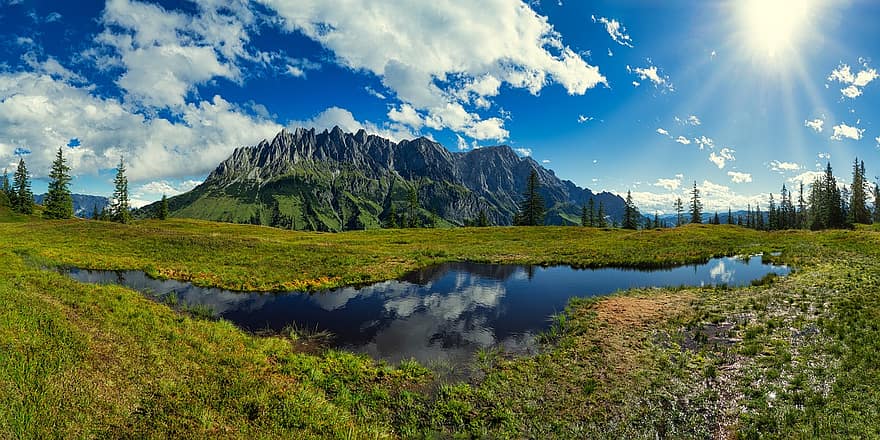 Vierrinnenköpfe, Alpine, Mountains, Meadow, Wetlands, Panorama, Pond, Mirroring, Sun, Landscape, Hiking
