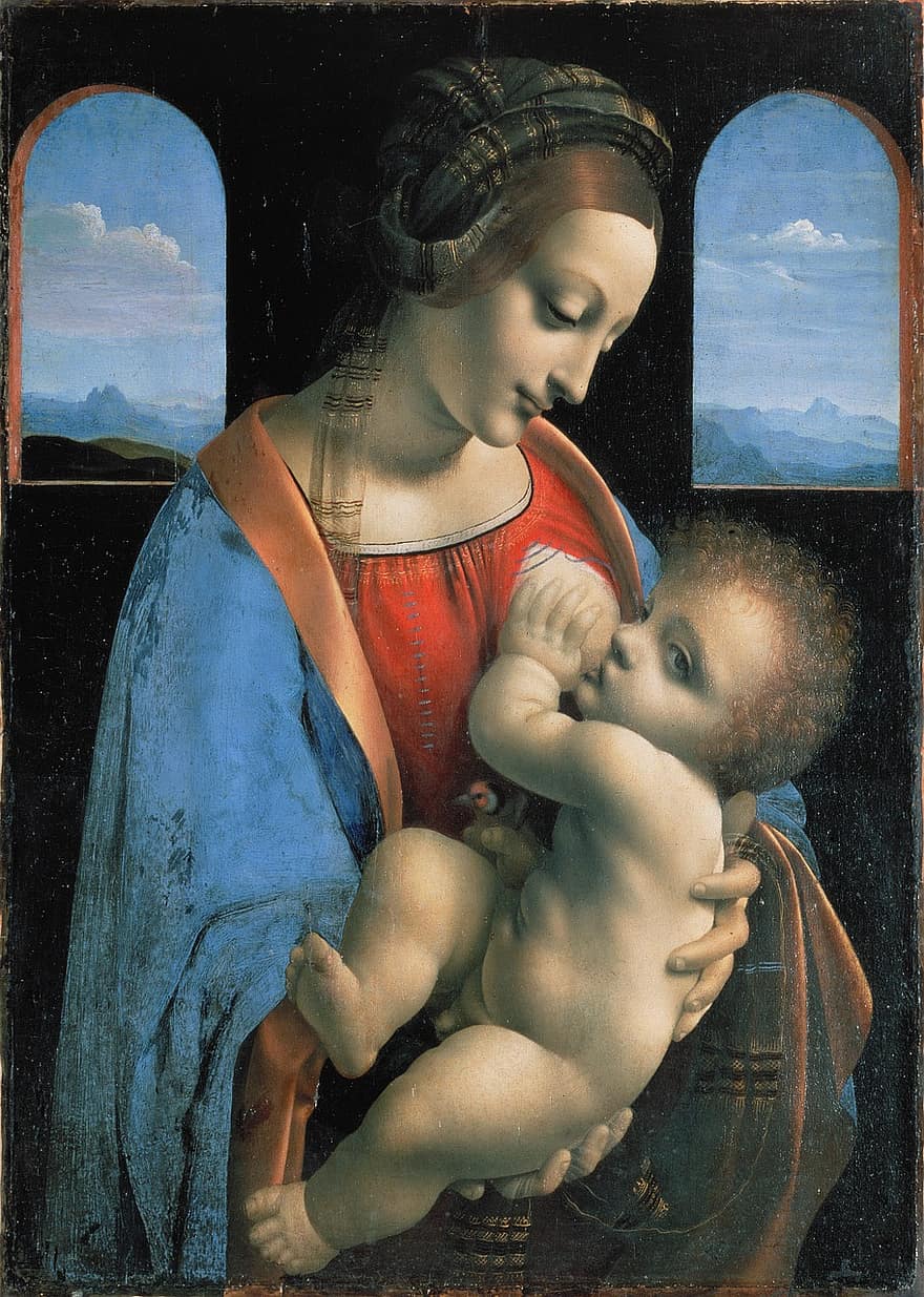 聖母マリア、イエス、レオナルド・ダ・ヴィンチ、マドンナリッタ、母乳育児、1490年、処女と子、キリスト、キャンバス上のテンペラ、州庵博物館、サンクトペテルブルク