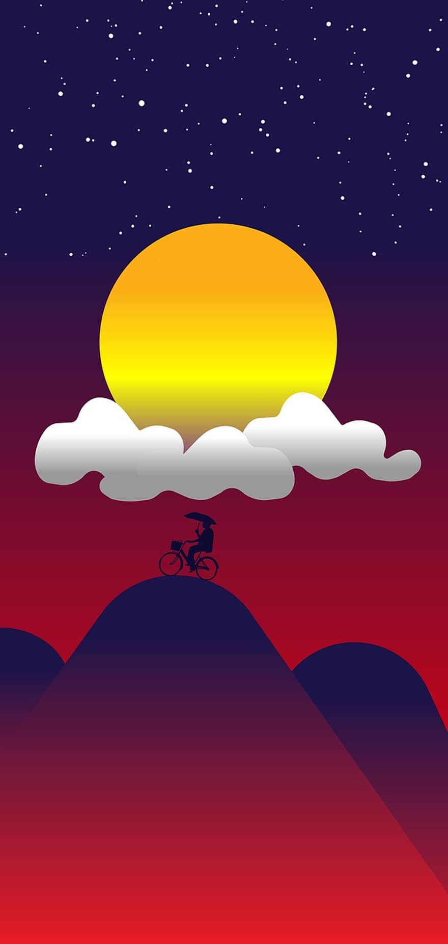 puesta de sol, nubes, montañas, estrellas, bicicleta, Luna, día, noche, cielo, ligero