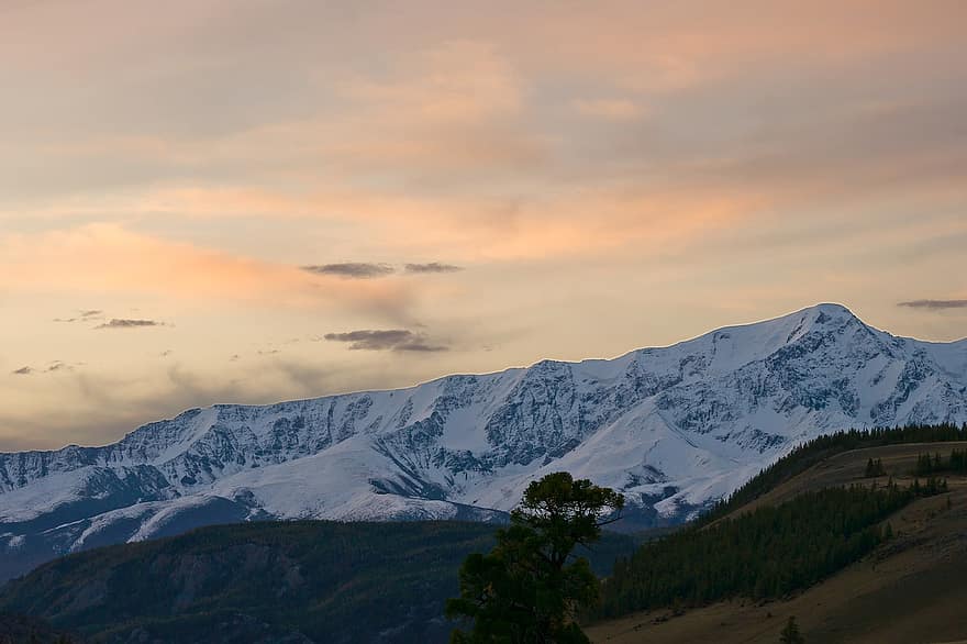 アルタイ、山岳、風景、雪、日没、ピーク、サミット、自然、夕暮れ、山、山頂