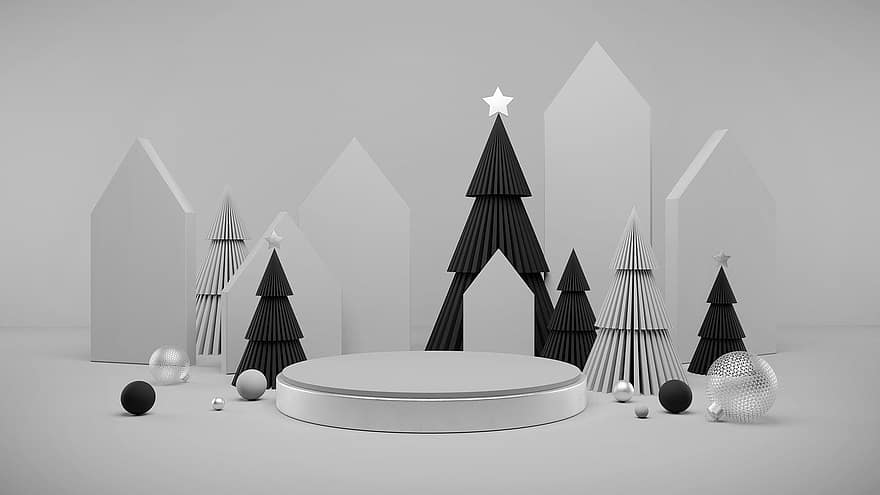 عيد الميلاد ، المنصة ، مجسم ، أحادية اللون ، أشجار عيد الميلاد ، كرات ، زخرفة ، يوم الاجازة ، 3D ، خلفية ، عرض