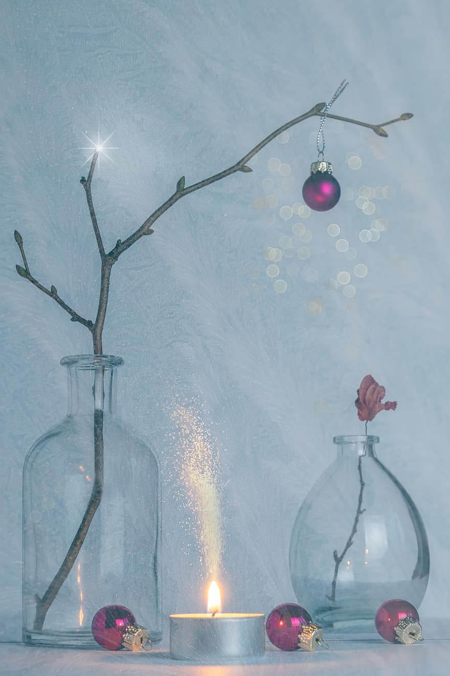 Baubles, Candles, Sparks, Glass Bottles, Sparkle, Still Life, Christmas, Decorations, Red Baubles, Glass, Light