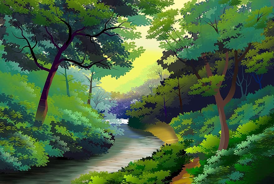 pemandangan, ilustrasi, alam, hutan, rio, air, refleksi, bayangan, tanaman, vegetasi, pohon