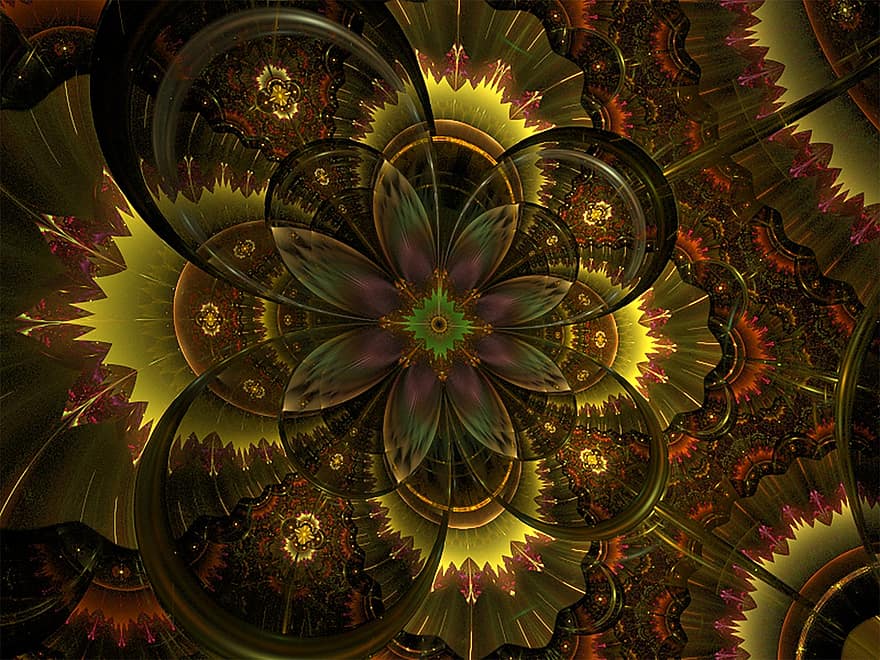 fractal, flor, outono, ouro, colorida, arte, abstrato