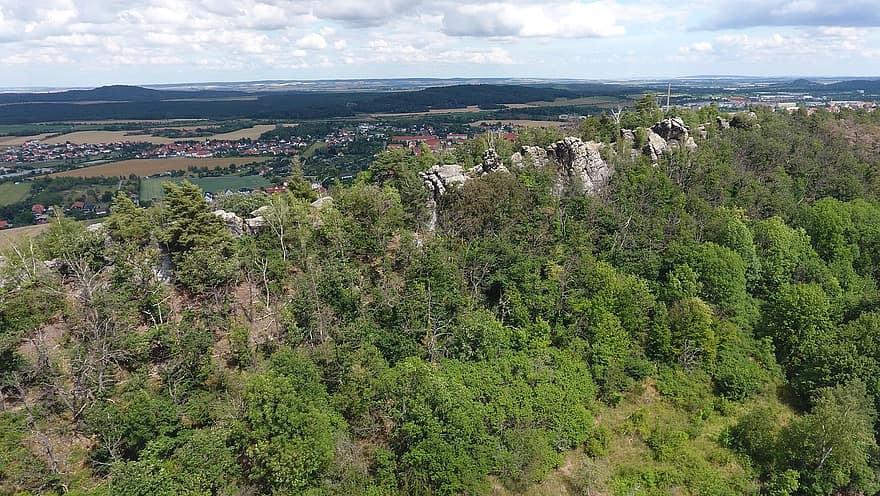 mur du diable, Montagne, forêt, paysage, Blankenburg, Allemagne, vue aérienne, grès, formation rocheuse