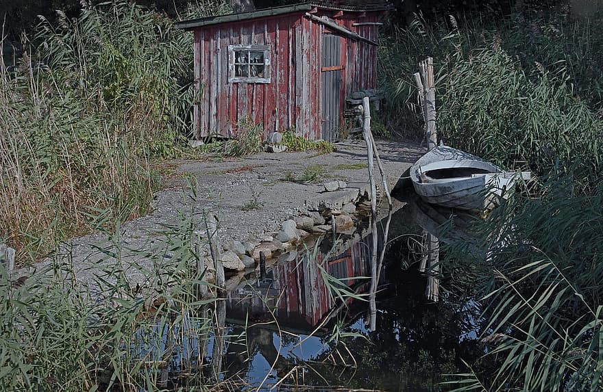 Boat, Sea, Shed, Cottage, Bridge, Pier, Reed, old, abandoned, wood, rural scene