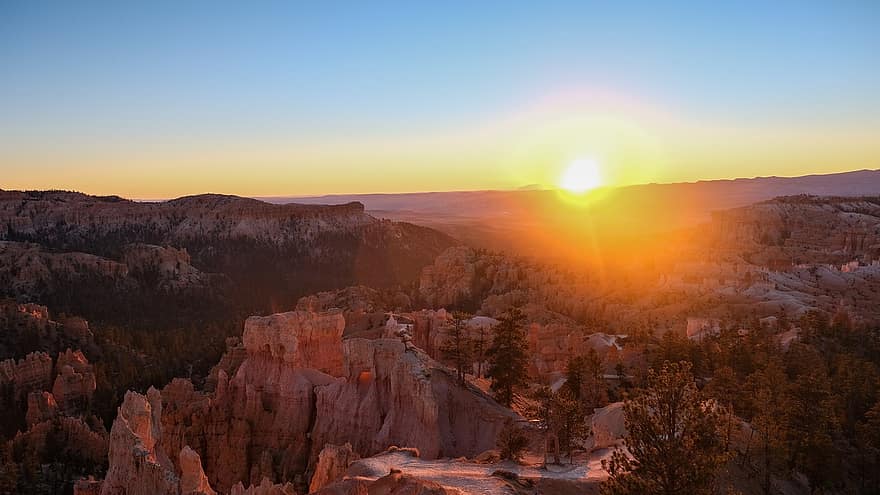Bryce Canyon, zonsopkomst, zon, dageraad, rotsen, natuur, zonsondergang, mooi, landschap, berg-, zandsteen