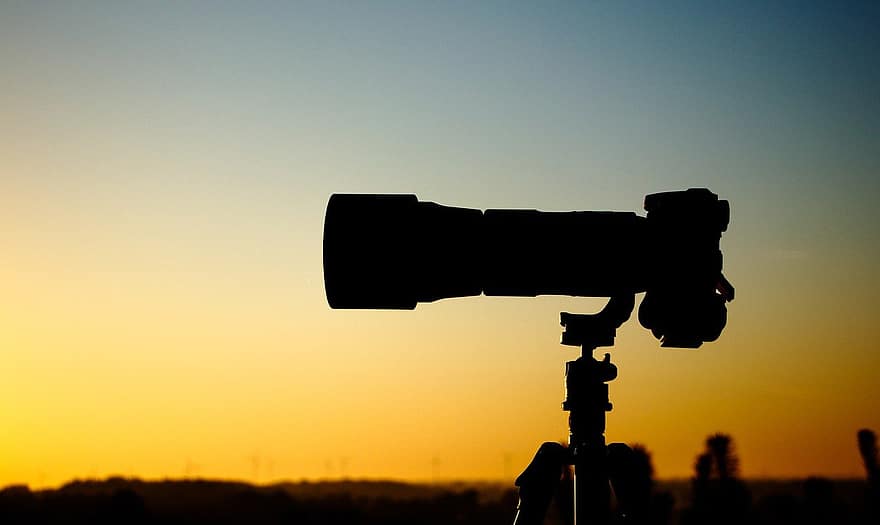 kamera, graphy, solopgang, solnedgang, stativ, silhuet, udendørs, skumring, natur, baggrundsbelyst, daggry