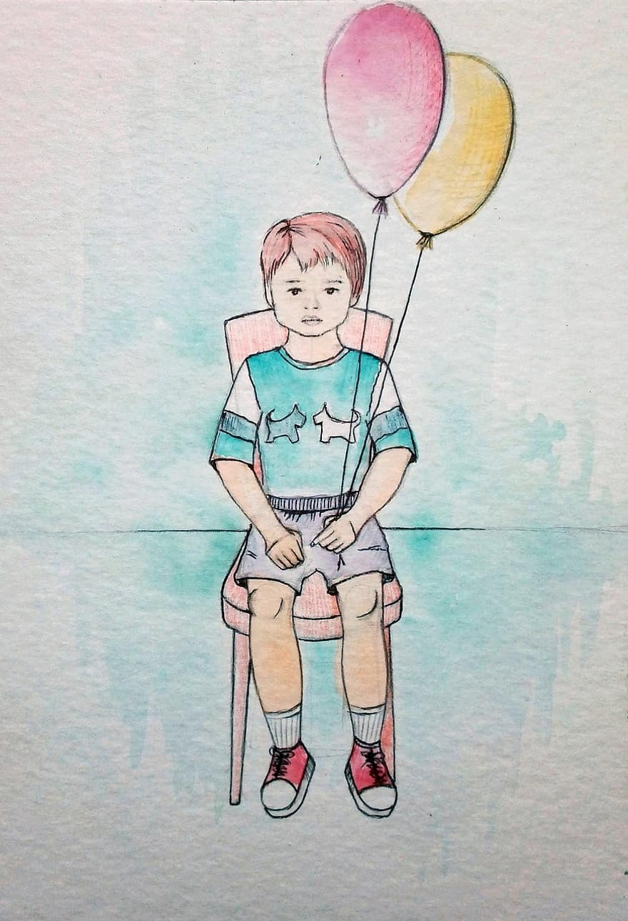 Baby, Boy, Figure, Watercolor, Balloons, Chair, Painting, Illustration, Kids, Young, Fun