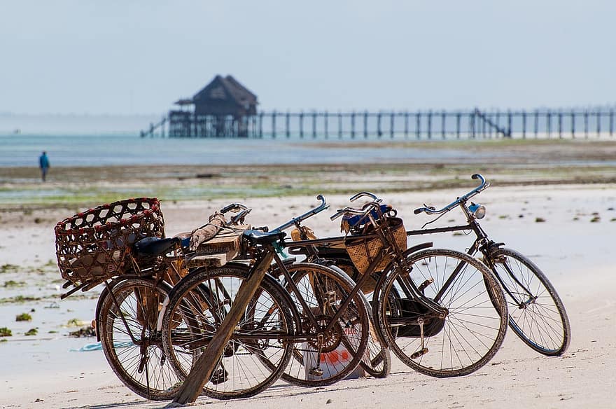 велосипед, океан, порт, отпуск, пляж, берег, море, путешествовать, горизонт, силуэт, Восход