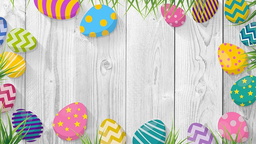 achtergrond, Pasen, eieren, sjabloon, kunst, gras, vast, hout, decoratie, viering, lente