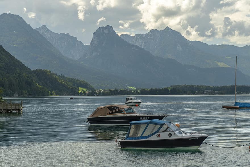 лодки, планини, езеро, моторници, Алпи, планинска верига, планински, езеро wolfgangsee, Австрия, плавателен съд, природа