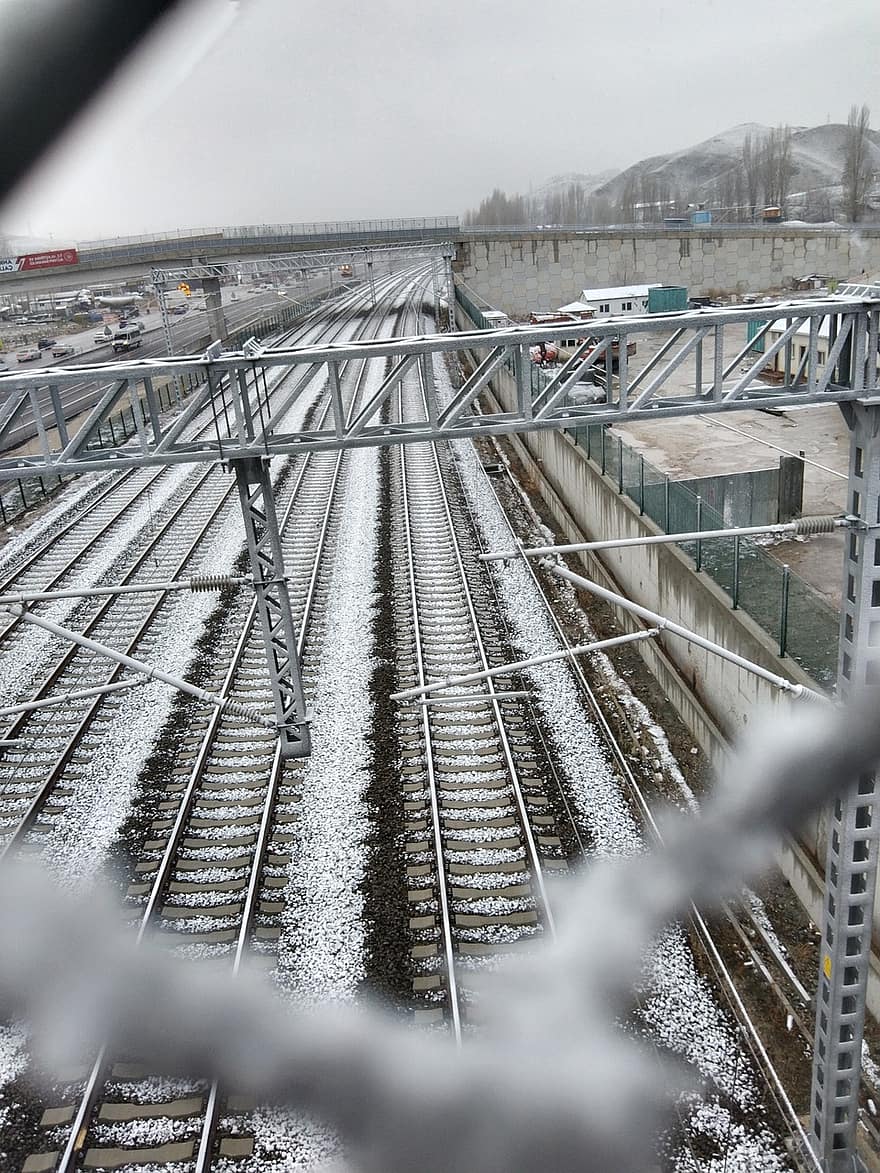 rails, trein, spoorweg, sneeuw, uitzicht