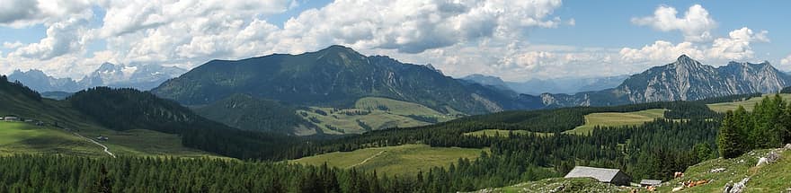 montañas, panorama de montaña, Panorama de la cumbre, postalm, Salzkammergut, Austria, Tennengau, montaña, paisaje, verano, pico de la montaña
