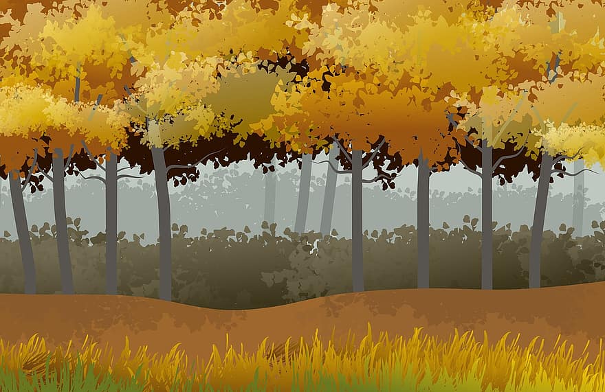 ilustracja, krajobraz, Natura, tło, las, drzewa, listowie, ziele, rośliny, jesień, stylizowany