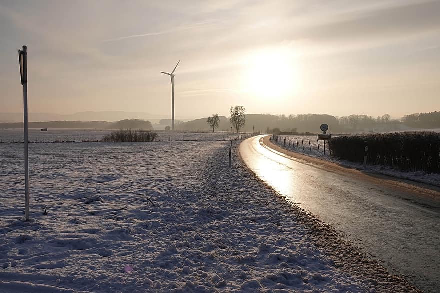 道路、日の出、雪、コールド、冬、夜明け、風車、エネルギー、朝、自然