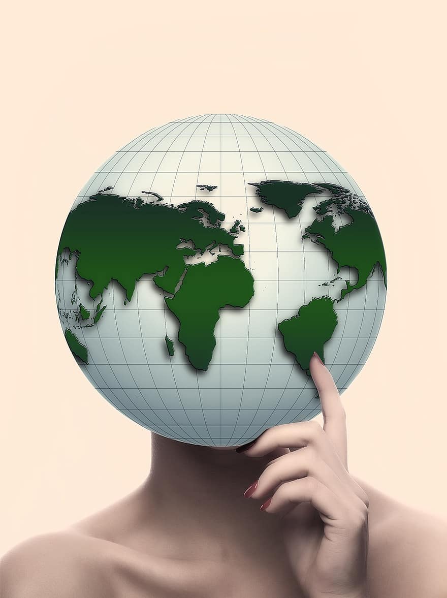 dona, cap, globus, internacional, global, globalització, continents, terra, món, planeta, a tot el món