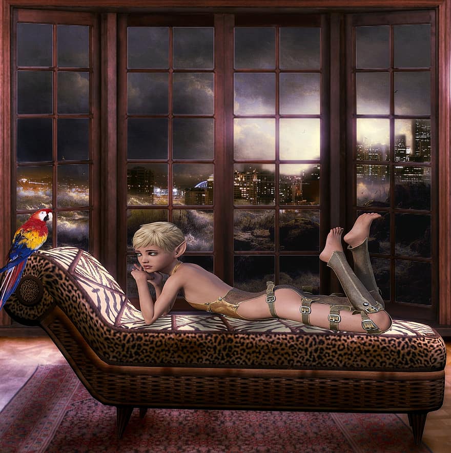 Background, Room, Couch, Window, City, Elf, Parrot, women, indoors, lifestyles, adult