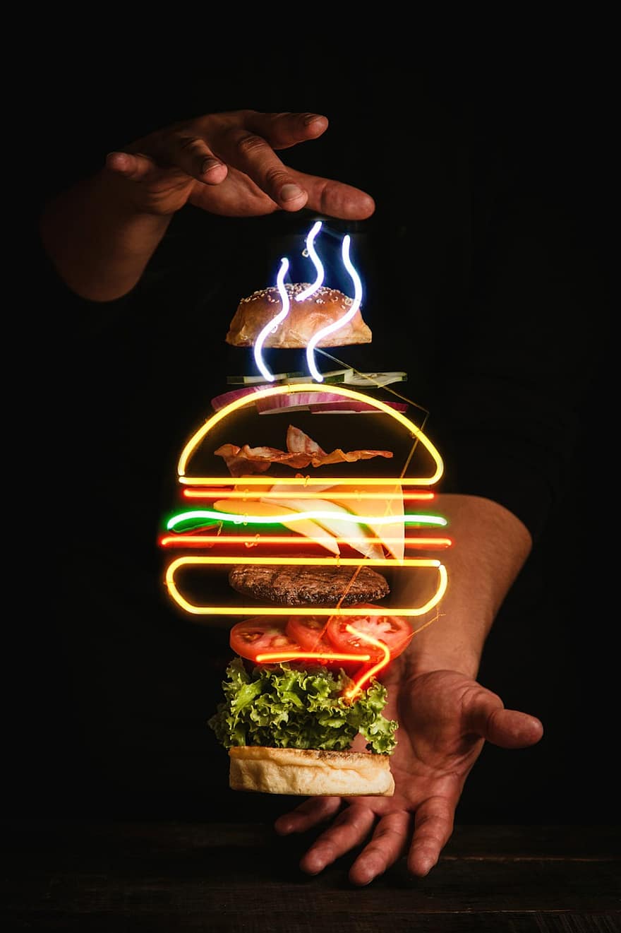 hamburguesa, empanades, verdures, pastes, menjar ràpid, flotant, mans, menjar, pòster, publicitat, neó
