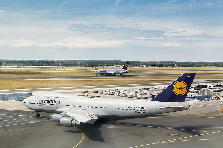 飛行機、ルフトハンザ、747、空港、フランクフルト、ジェット、航空機、民間航空機、交通手段、飛行、輸送モード