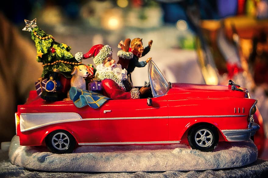 Mikulás, kocsi, játékok, nyitható tetejű autó, Karácsony, megérkezés, karácsony, dekoráció, Karácsonyi dekoráció, téli, ünnepies
