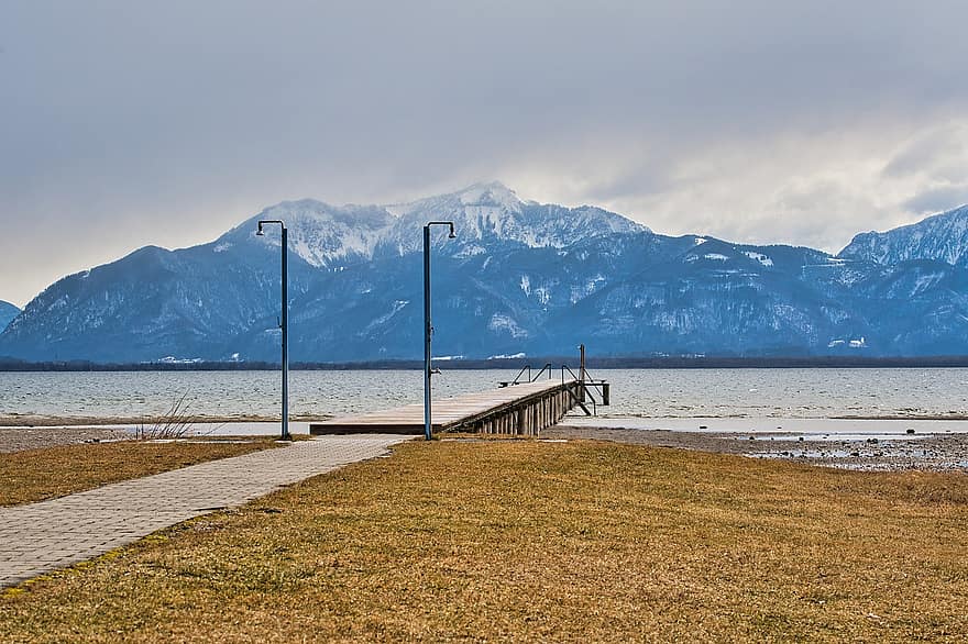 Jetty, Lake, Mountains, Bank, Dock, Boardwalk, Snow Capped, Mountain Range, Nature, Alpine Foothills, Cloudy