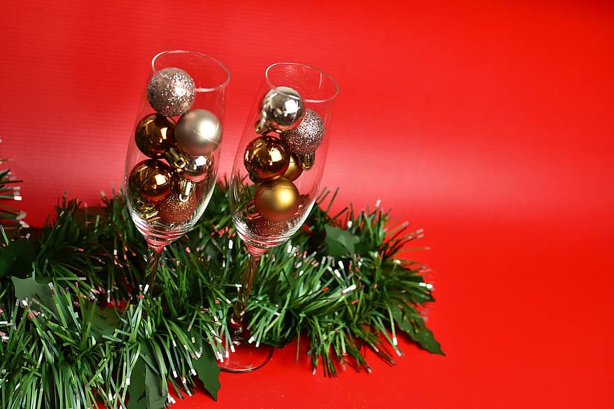 Navidad, decoración navideña, guirnalda, Año nuevo, champán, celebracion