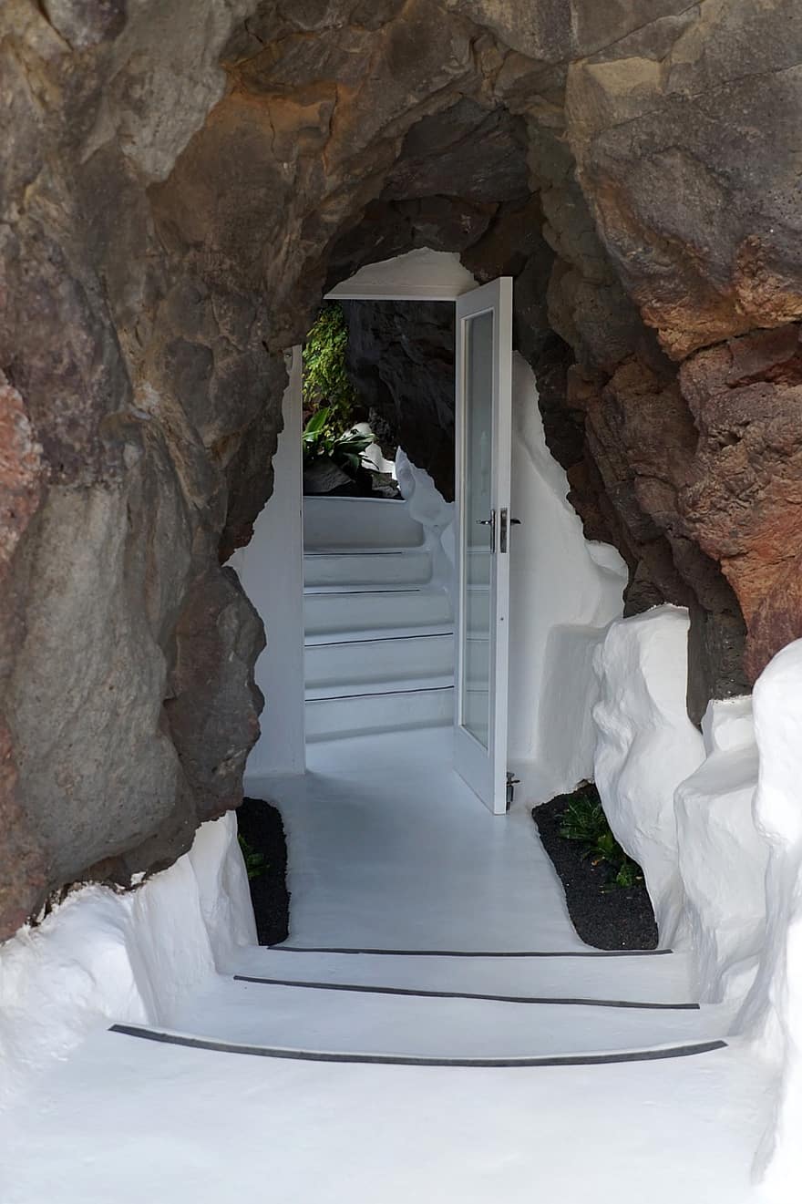 puerta, escalera, entrada, paso, piedra de lava