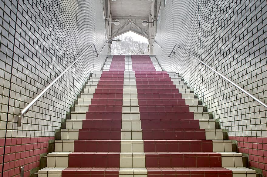 lépcsők, városi, állomás, metró, föld alatt, lépések, csempe, lépcső, építészet, fedett, távlatpont