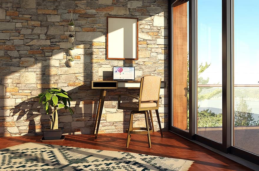 interior, mod de viata, scaun, birou, masa, spațiu de lucru, plantă, laptop, amiază, Computer Brown